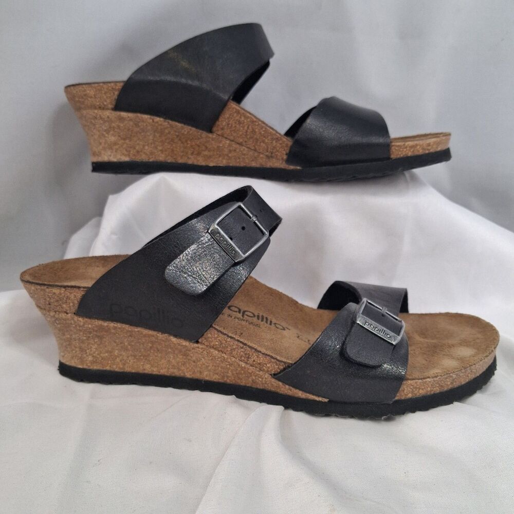 Women's Birkenstock Papillio Dorothy Wedge Double Strap Sandals Black 41 US W 10